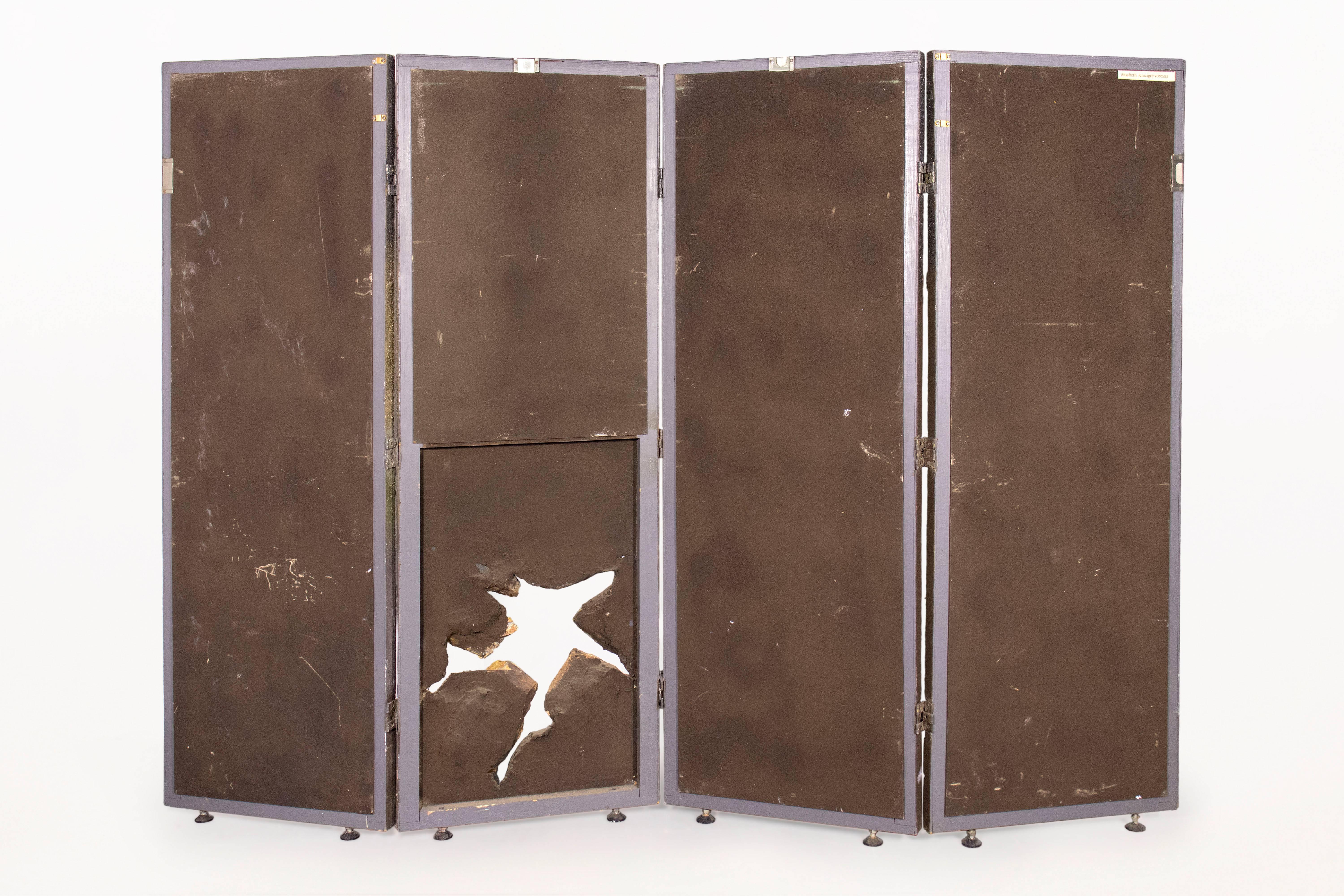 Amethyst, Mika and slate four-panel screen by Elisabeth Lemaigre-Voreaux
Very original design with her characteristic hole in the third panel
Design for Hermes.
Signed
circa 1970, France
Very good vintage condition.
