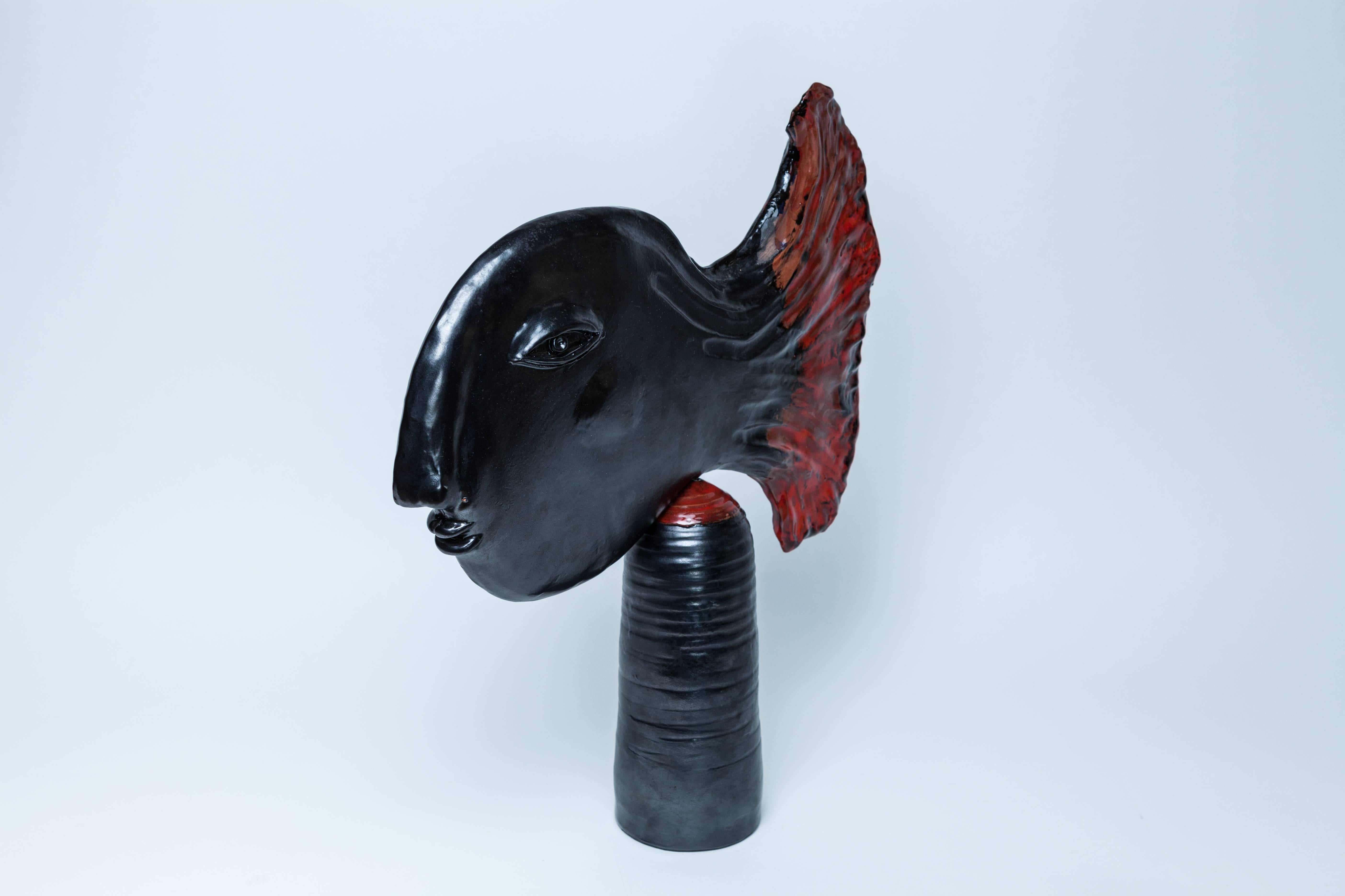 Robert and Jean Cloutier ceramic sculpture.
One of a kind, unique Sculpture.
Handmade ceramic Sculpture.
Black and red glaze.
Signed,
circa 1960, France.
Documentation: 