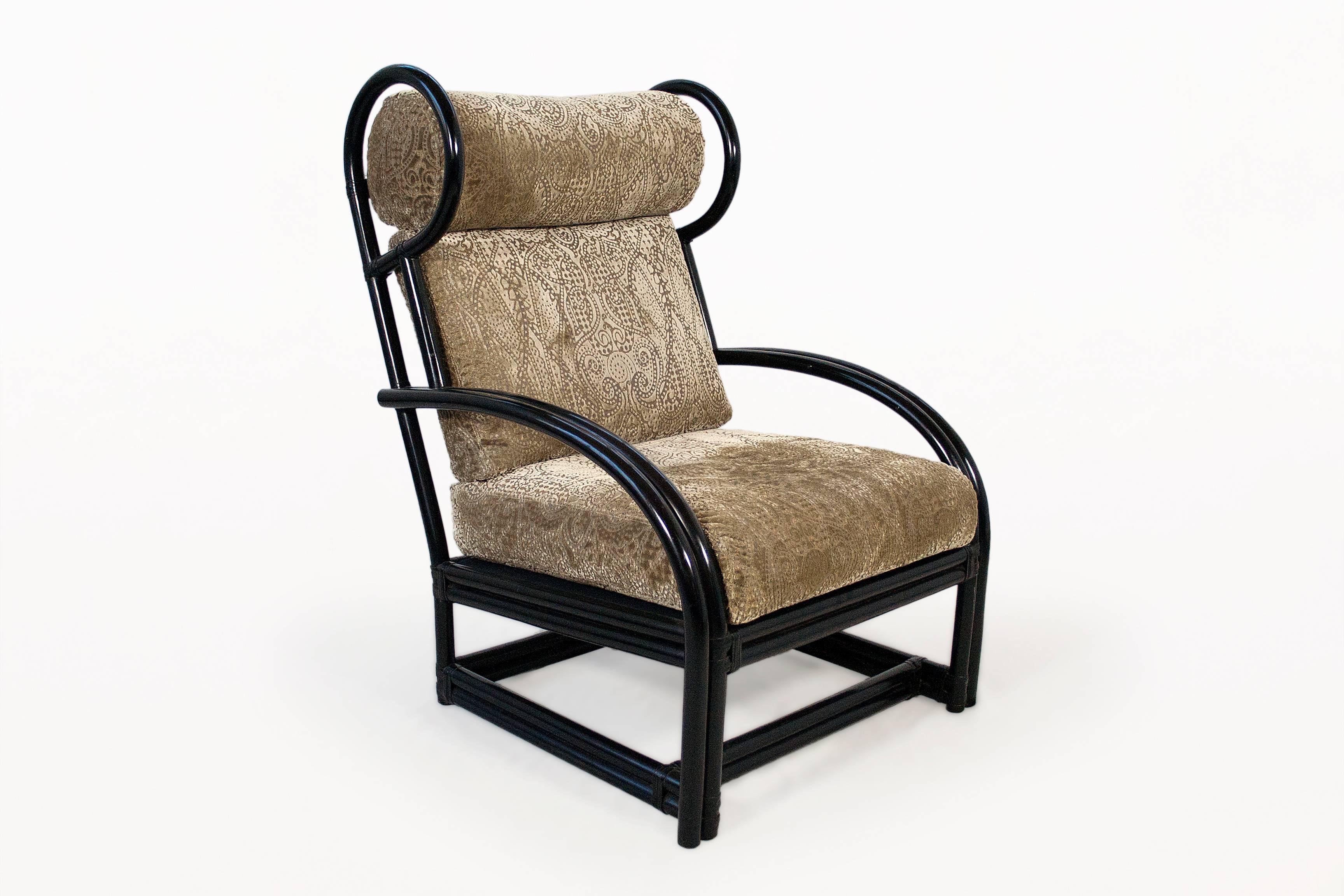 Mid-Century Modern Upholstered Wingback Bamboo Armchair and Ottoman, circa 1970, France