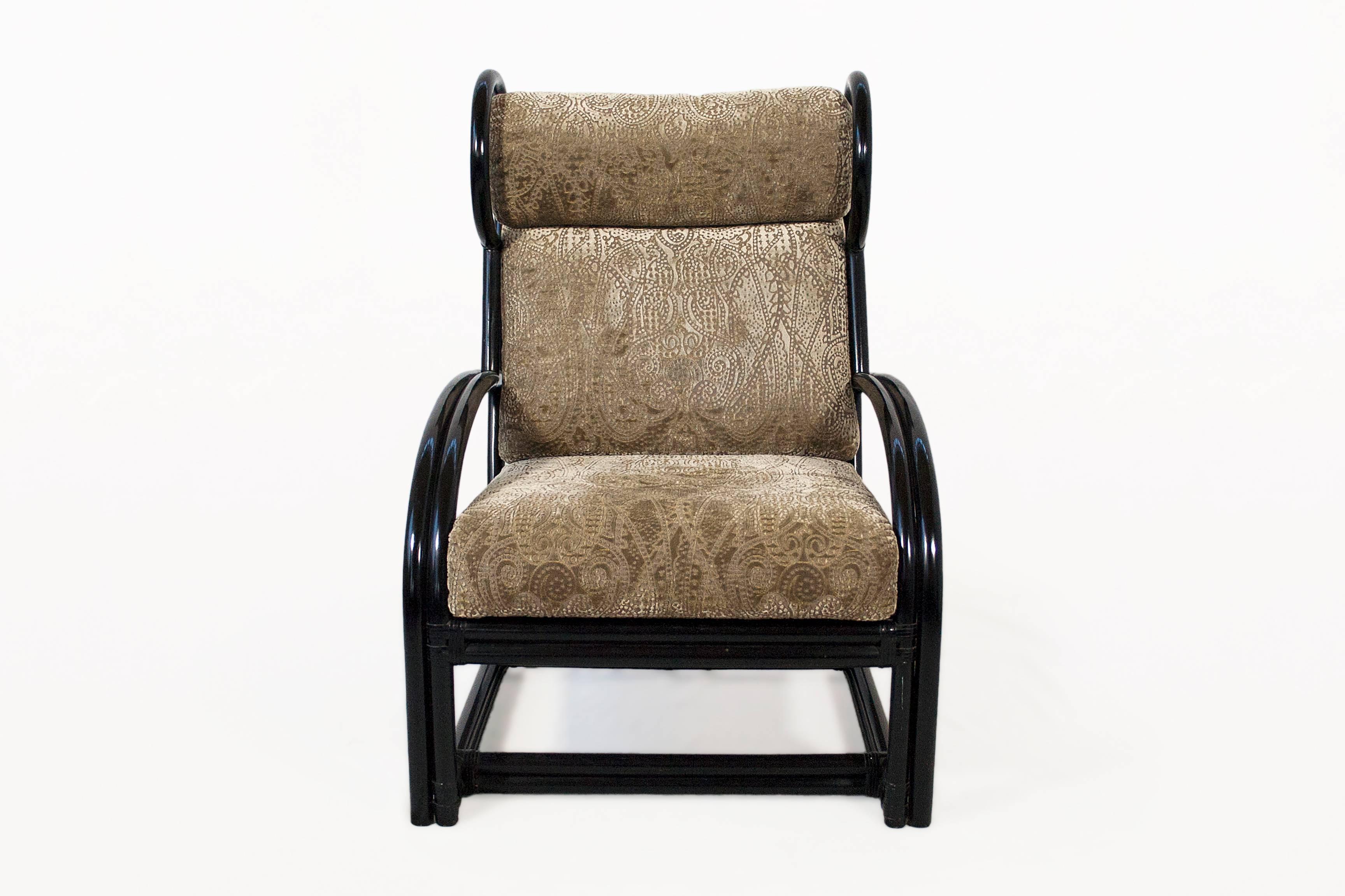 French Upholstered Wingback Bamboo Armchair and Ottoman, circa 1970, France