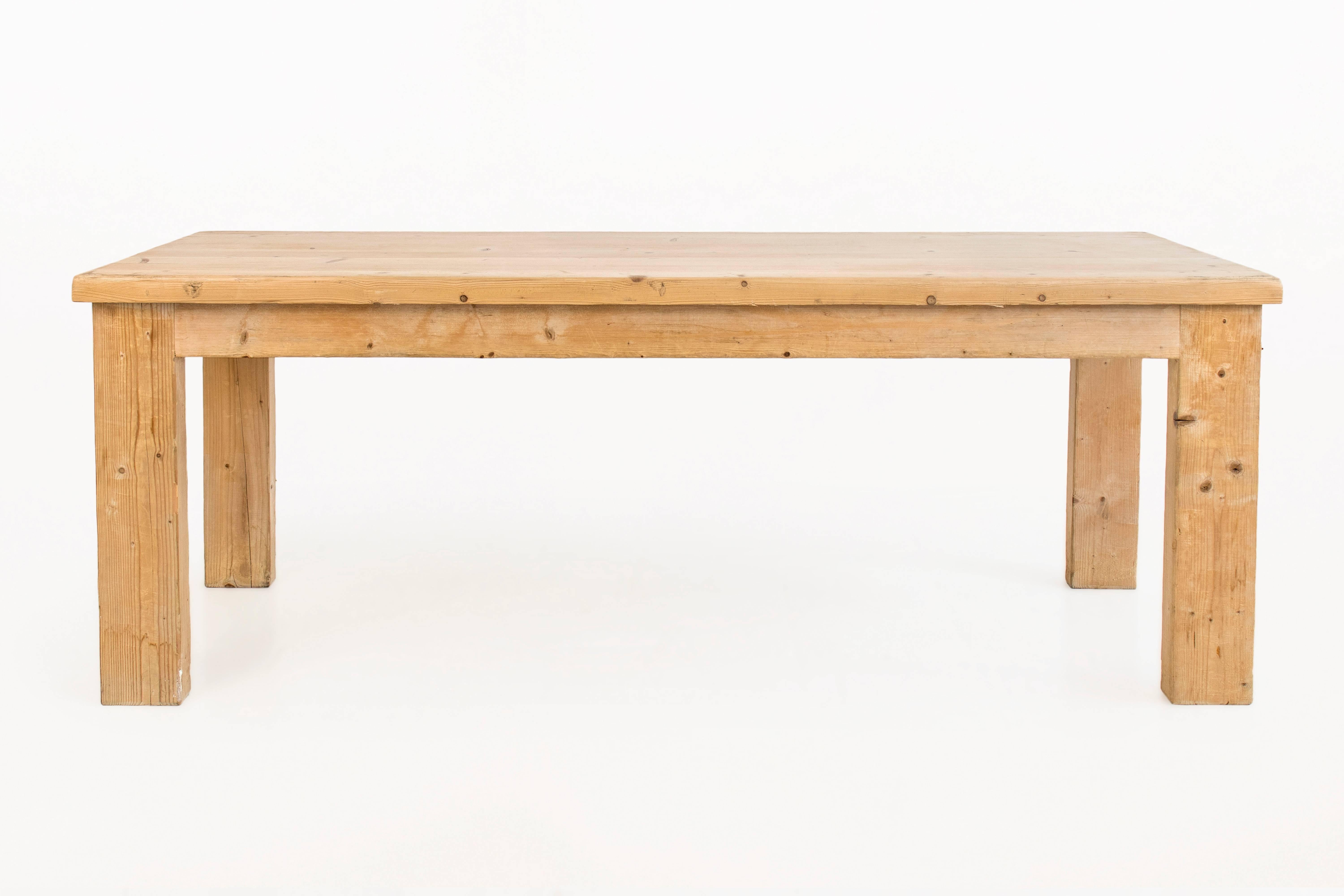 Pine dining table by Guy Rey-Millet & Jean Prouvé
Pine tabletop and legs
Furniture designed by Millet & Prouvé for the Jean Prouvé mountain refuge at the Vanoise Pass, Savoie, France
circa 1972, France
Good vintage condition
Provenance: the