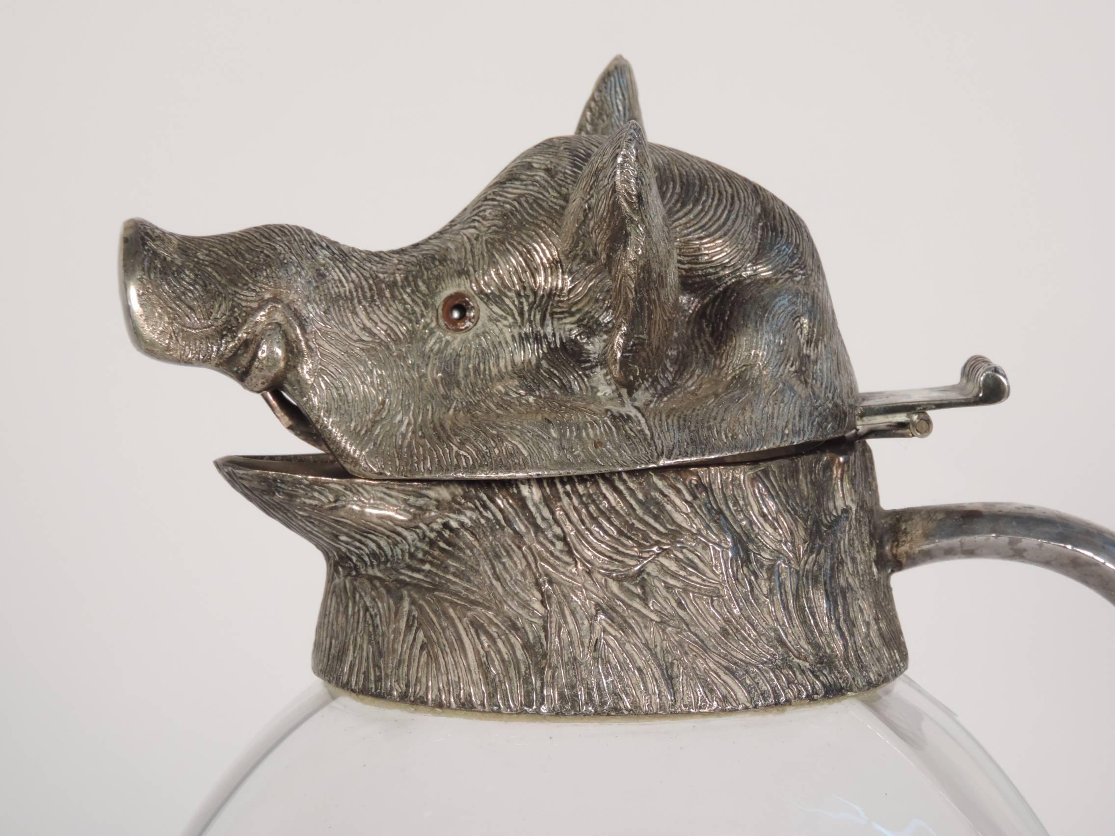 Italian Wild Boar Glass and Metal Pitcher, Italy 1970s