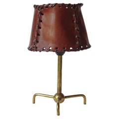 Small Italian 1950s Brass Tripod Table Lamp with Laced Leather Shade