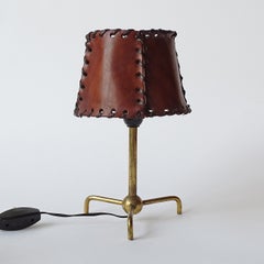 Small Italian 1950s Brass Tripod Table Lamp with Laced Leather Shade