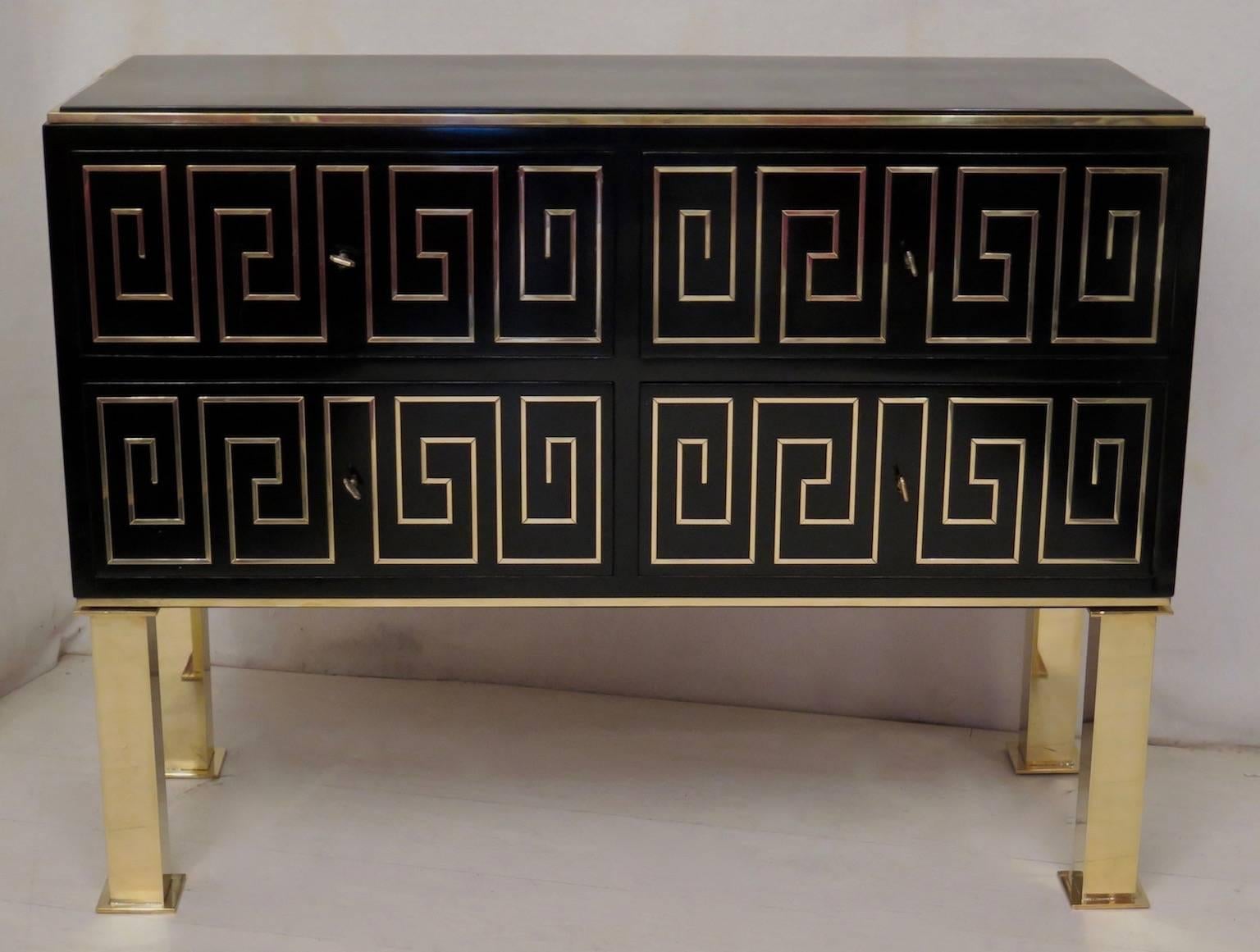 1950 Black Lacquered and Brass Inlays Italian Midcentury Chest of Drawers 2