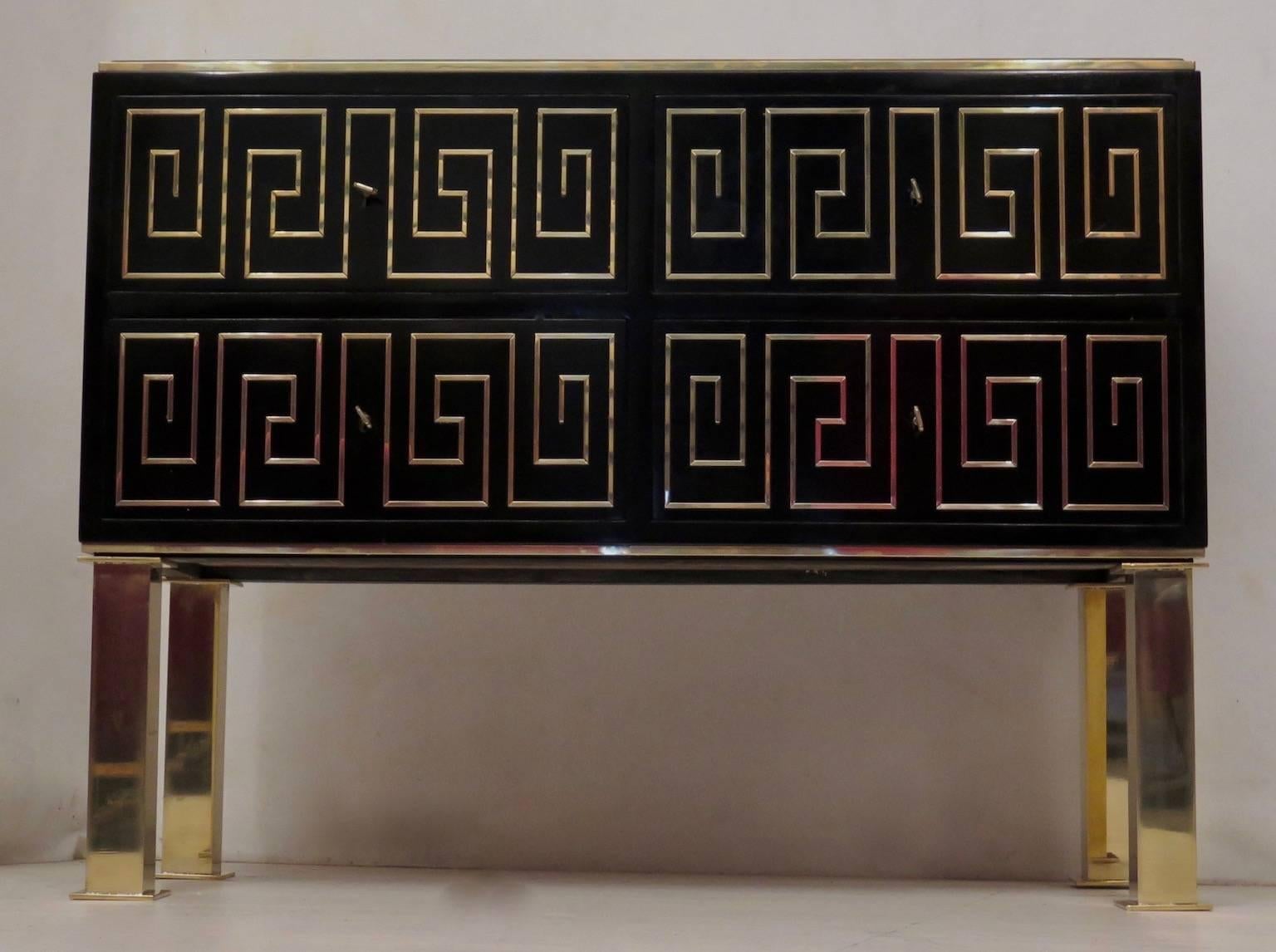 Mid-Century Modern 1950 Black Lacquered and Brass Inlays Italian Midcentury Chest of Drawers