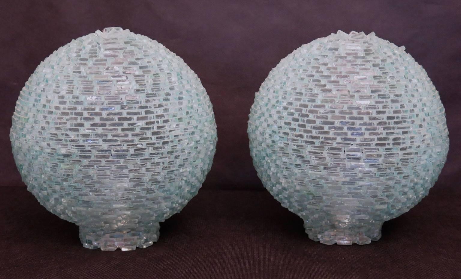 Pair of Murano 1970 Italian Mid-Century Table Lamps. Bedside lamps, built with small glass bricks. Very cute on bedroom bedside tables. They are formed by two semi-spheres that can be divided, internally as you can see from the photos there is a