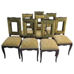 Eight of Mahogany Stained Black and Green Velvet French Dining Chairs, 1930