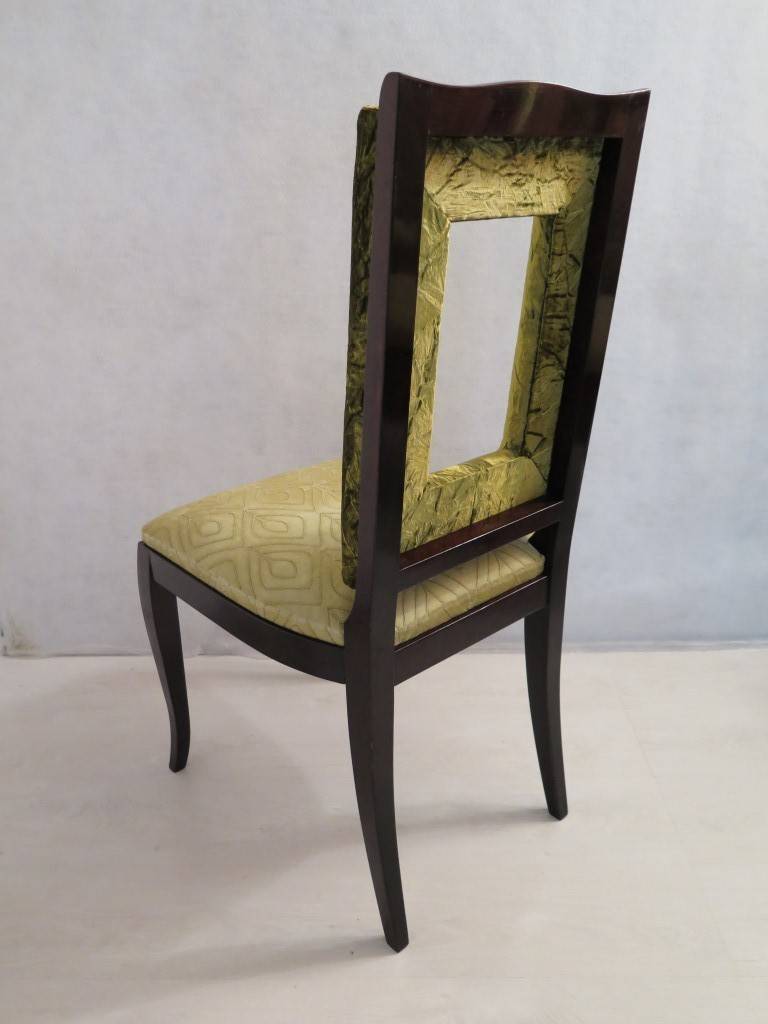 Art Deco Eight of Mahogany Stained Black and Green Velvet French Dining Chairs, 1930
