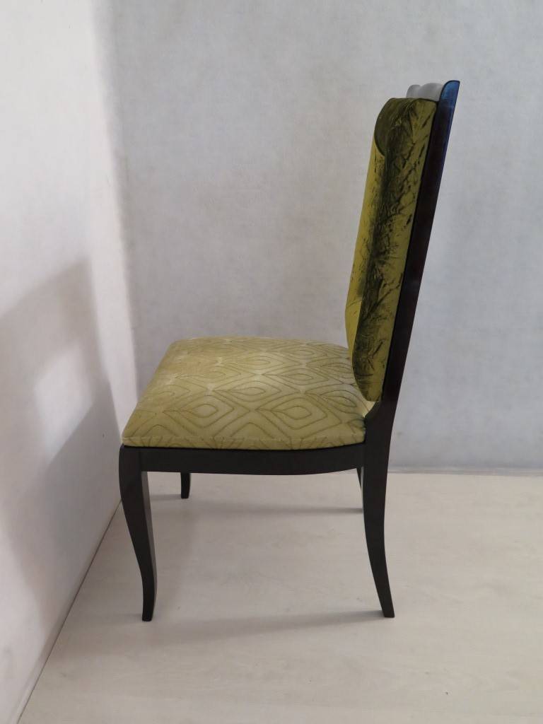 Eight of Mahogany Stained Black and Green Velvet French Dining Chairs, 1930 1