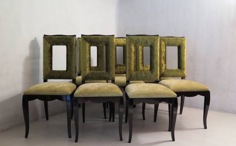 Eight of Mahogany Stained Black and Green Velvet French Dining Chairs, 1930 3