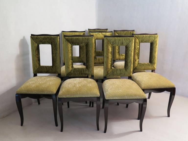 Eight of Mahogany Stained Black and Green Velvet French Dining Chairs, 1930 5