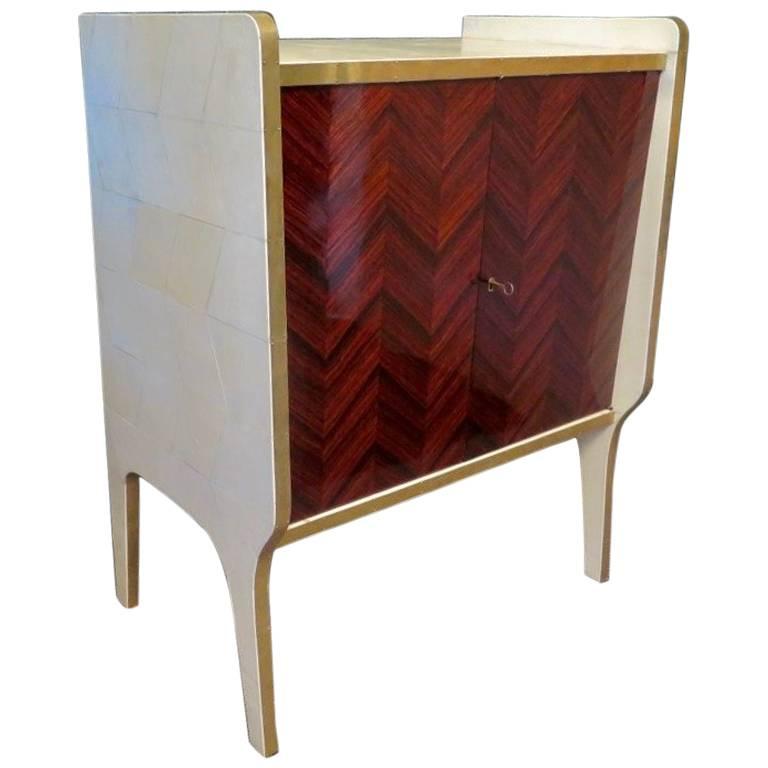 Midcentury Walnut Wood Parchment and Brass Italian Commode, 1950