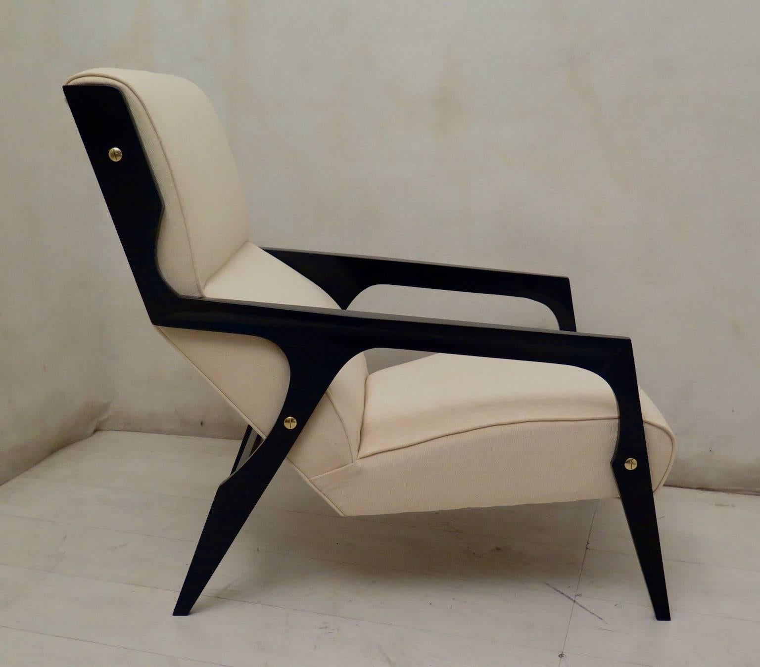Brass Pair of Midcentury Wood and Fabric Black and White Armchairs, 1950