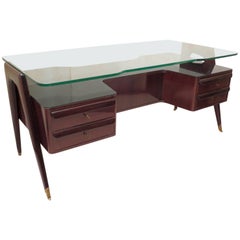 Vittorio Dassi Walnut and Glass Italian Midcentury Desk, 1950