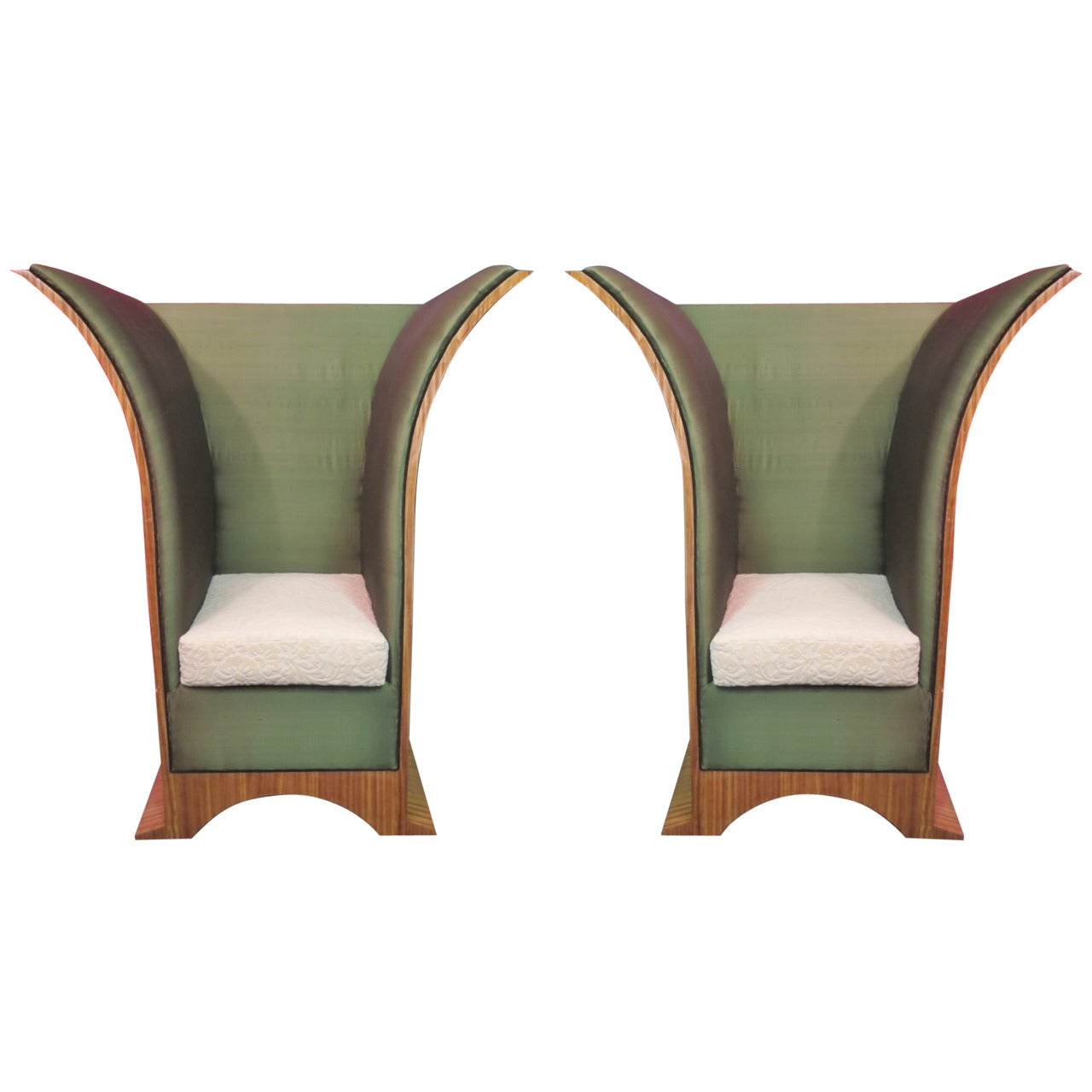 Pair of Art Deco Citronè Wood Silk and Damask Velvet French Armchairs, 1940