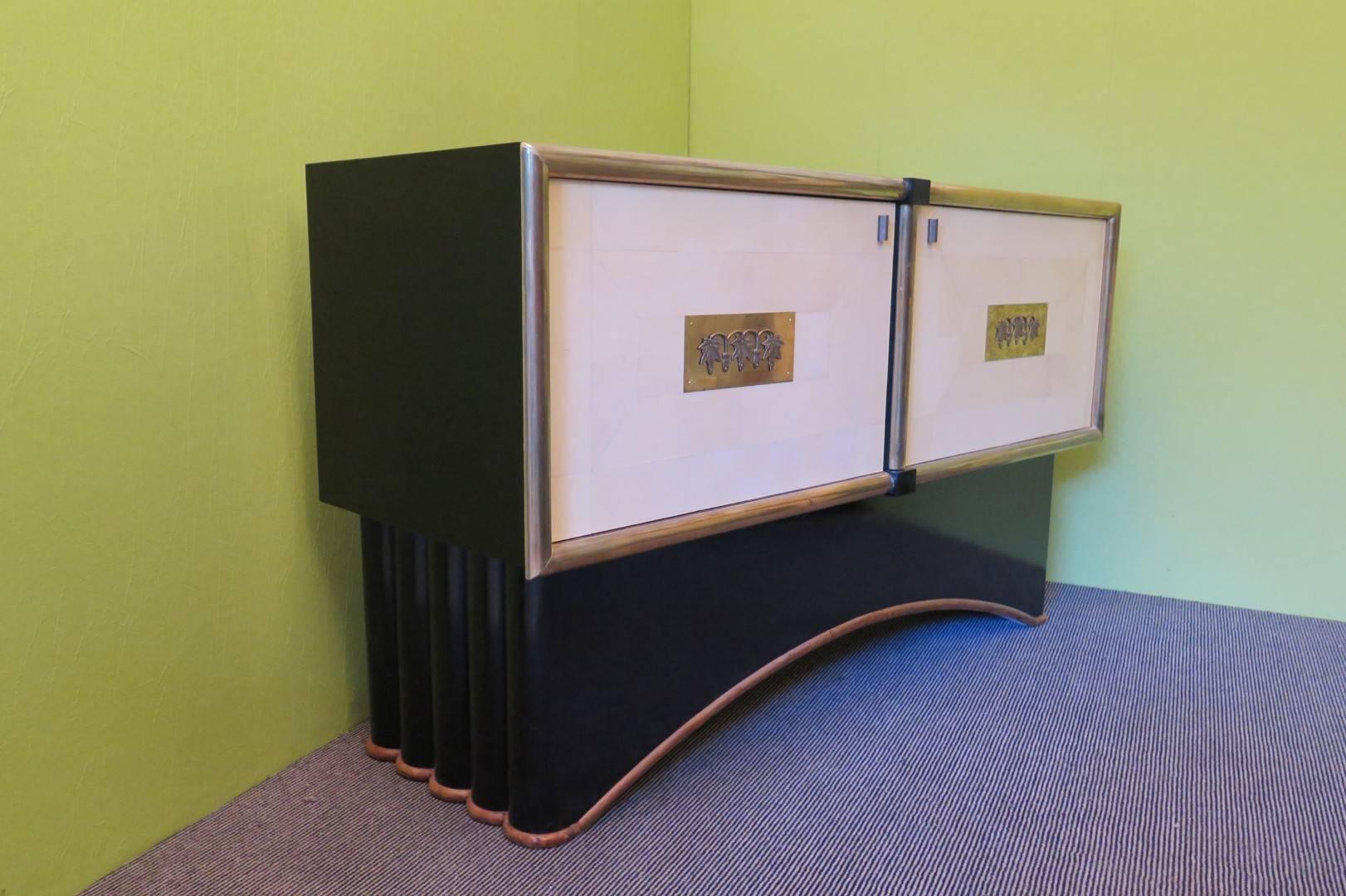 Art Deco Rectangular Goatskin and Brass Italian Sideboard, 1930 3