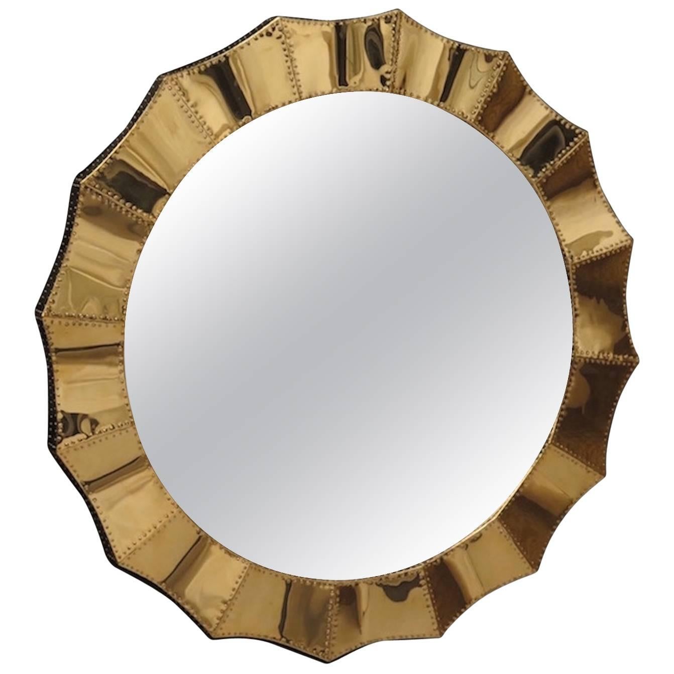 Mid Century Wood Covered with Brass Italian Wall Mirror, 2010