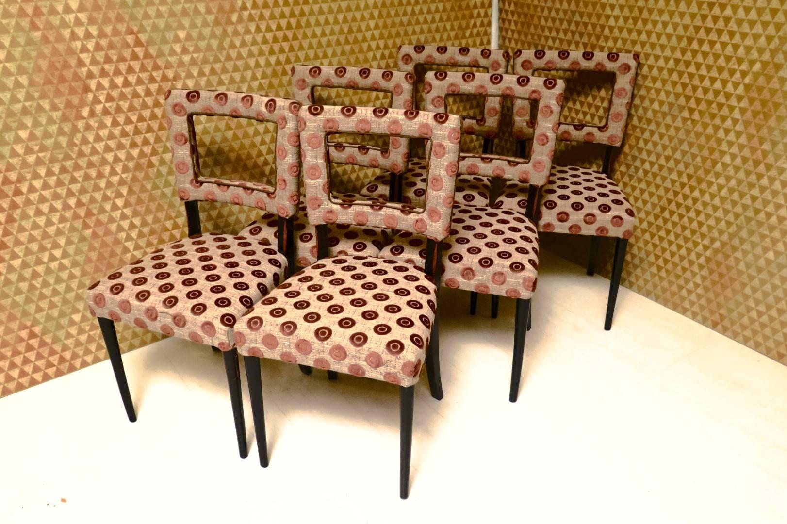 Fabric 6 Art Deco Brown Geometric Velvet Italian Chairs, 1940