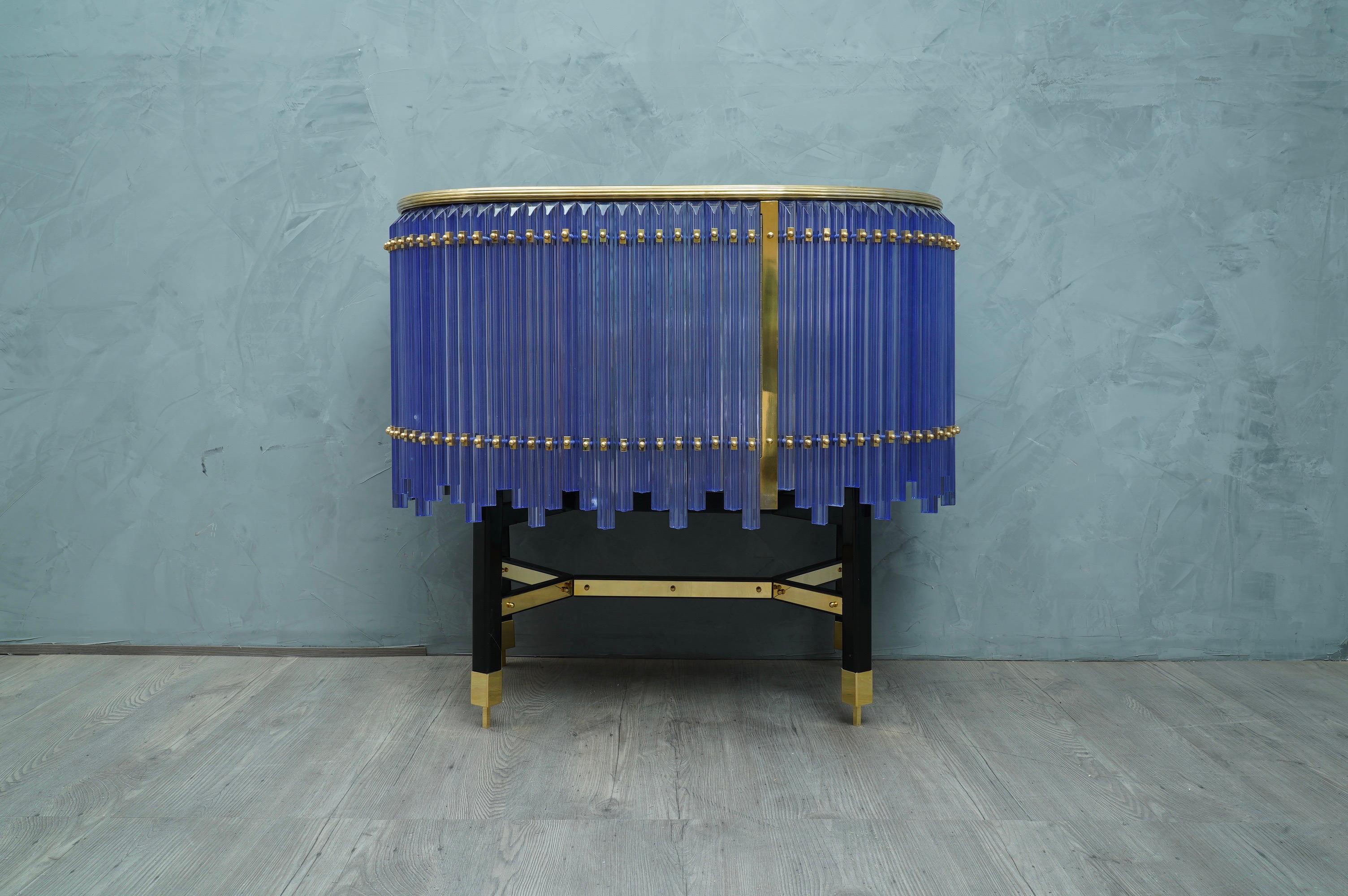 Murano Midcentury Round Periwinkle Color Glass and Brass Sideboards, 1970 In Excellent Condition In Rome, IT