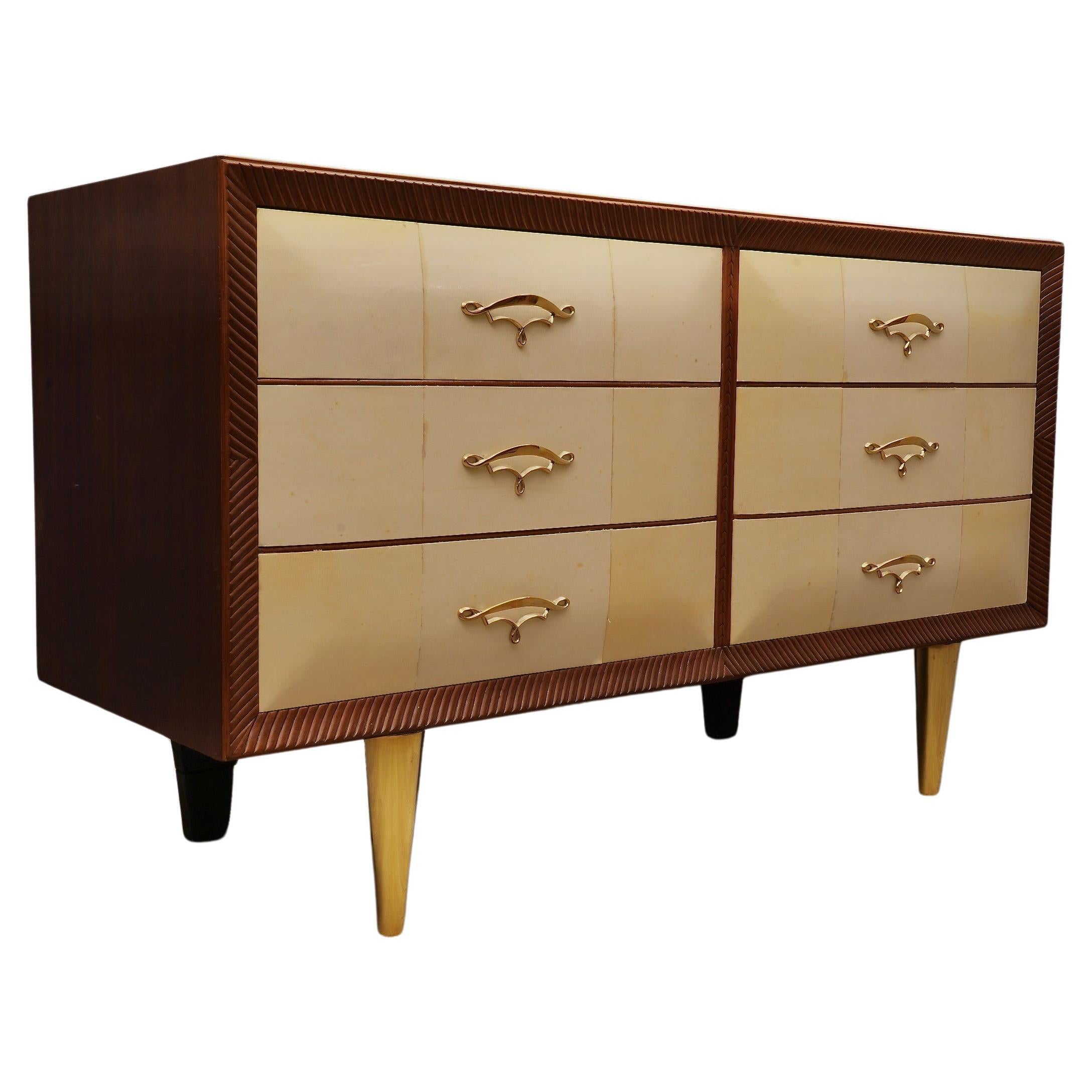 Art Deco Walnut Wood Goat Skin and Brass Italian Commode Chest of Drawers, 1940 For Sale