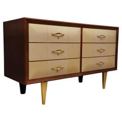 Vintage Art Deco Walnut Wood Goat Skin and Brass Italian Commode Chest of Drawers, 1940