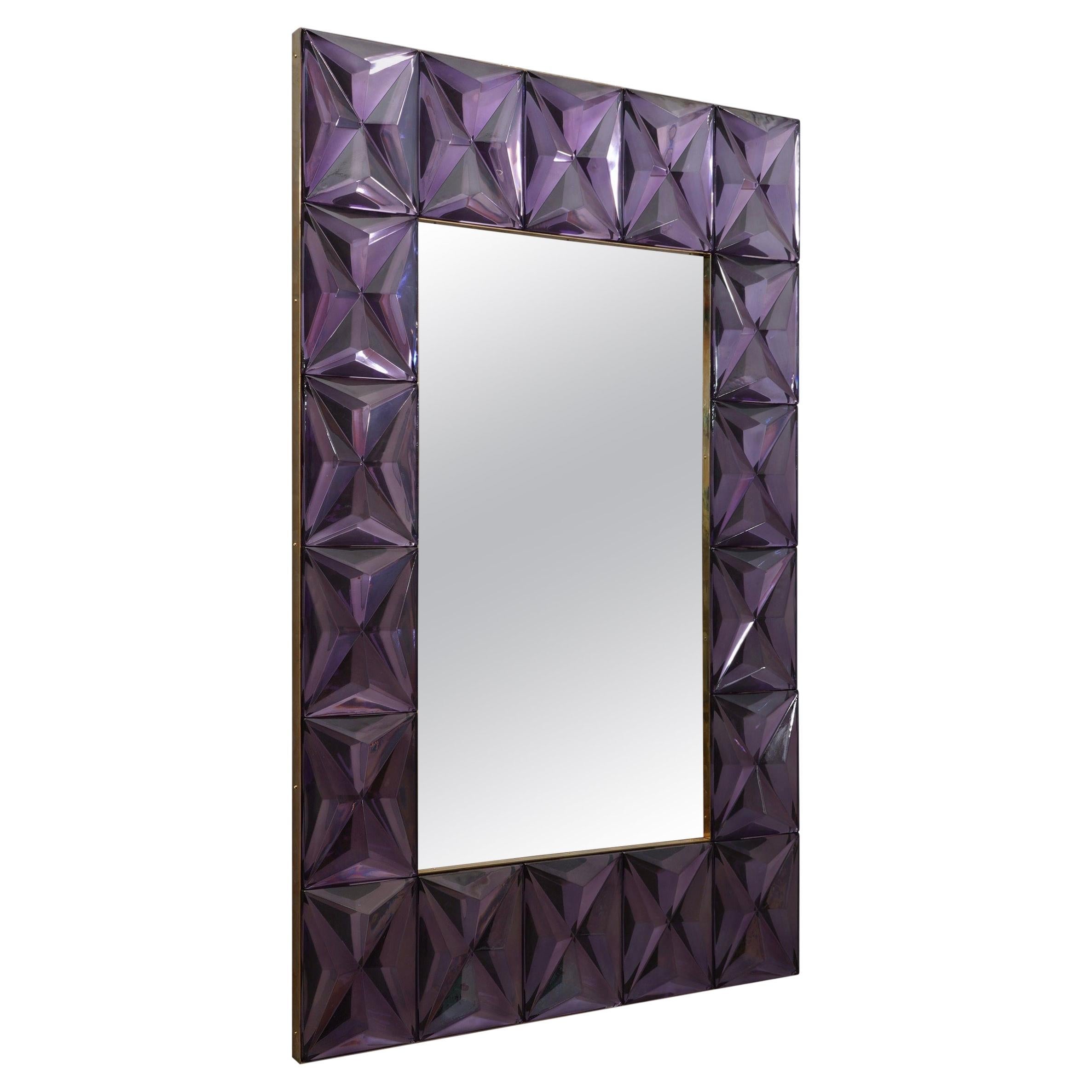 Murano Strong Violet Glass and Brass Console Wall Mirror, 2019