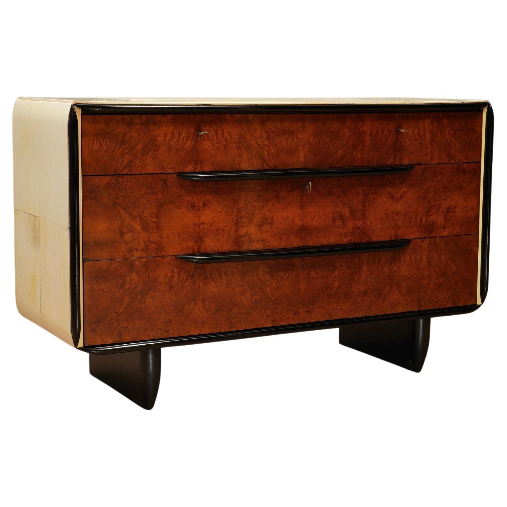 Italienische Schule-Kommode und Schubladenkommode aus Nussbaum und Ziegenleder im Art déco-Stil, 1930 im Angebot