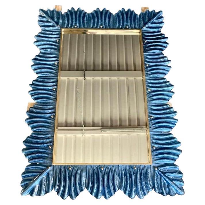 Murano Blu Color Glass and Brass Mid-Century Wall Mirror, 2000 For Sale
