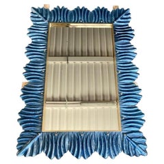 Murano Blu Color Glass and Brass Mid-Century Wall Mirror, 2000