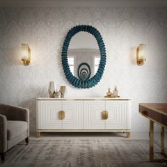 Murano Oval Aquamarine Blue Art Glass and Brass Console / Wall Mirror, 2020