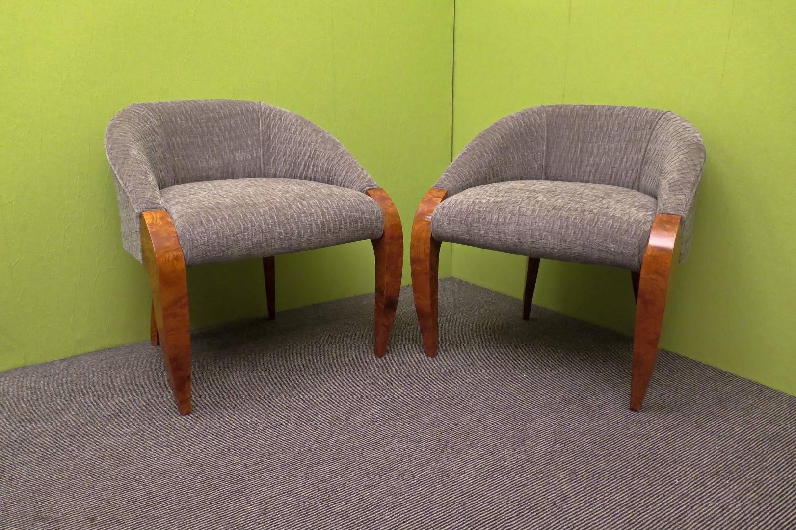 Two stupendous armchairs Austrian, the briar root ash for this pair of armchairs. The coating is fine gray velvet. Really very elegant the design of these chairs.