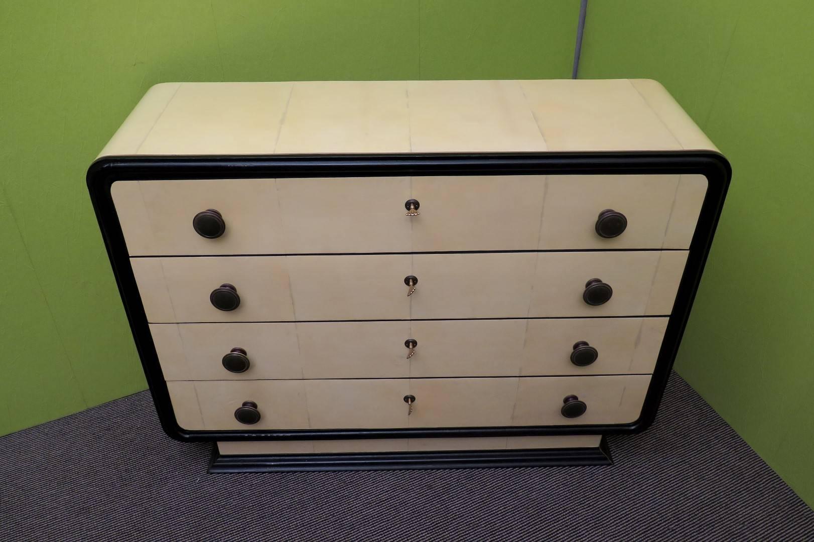 Mid-20th Century 1940 Parchment and Brass Art Deco Chests of Drawers