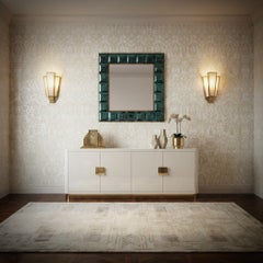 Murano Aqua Green Art Glass and Brass Italian Console Wall Mirror, 2020