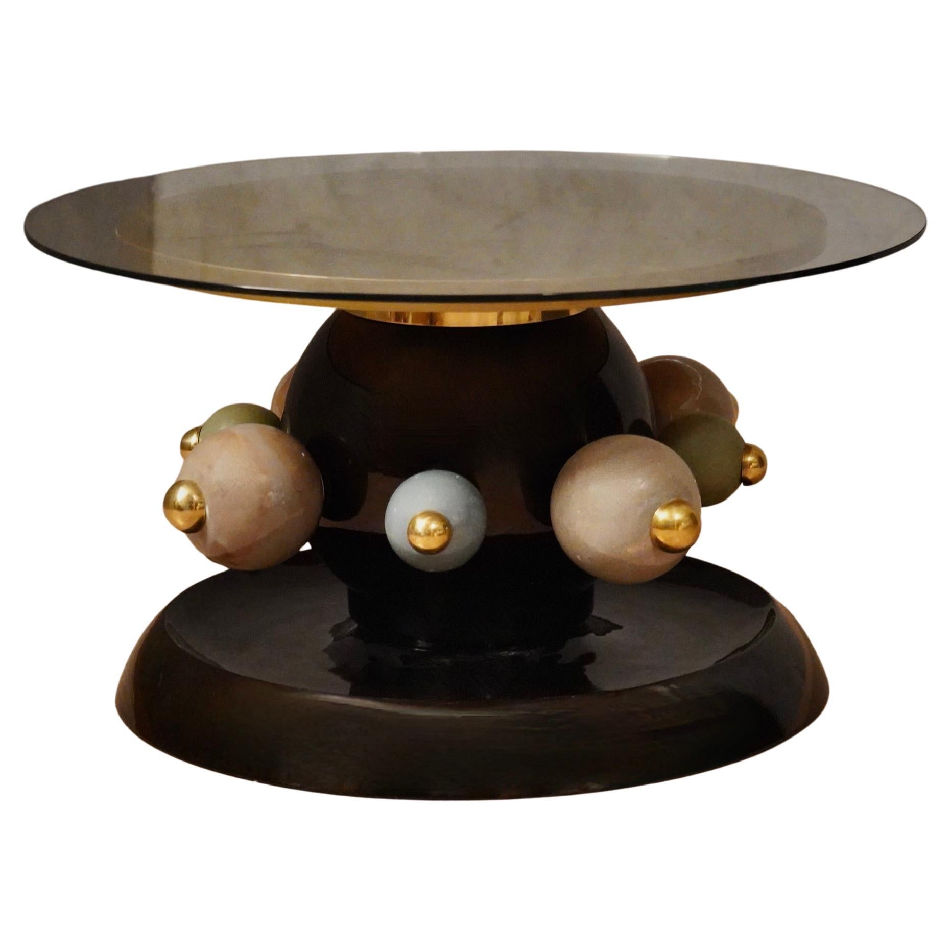 Mesa de Sofá Redonda de Cerámica y Latón Negro Verde y Dorado, 1980 en venta