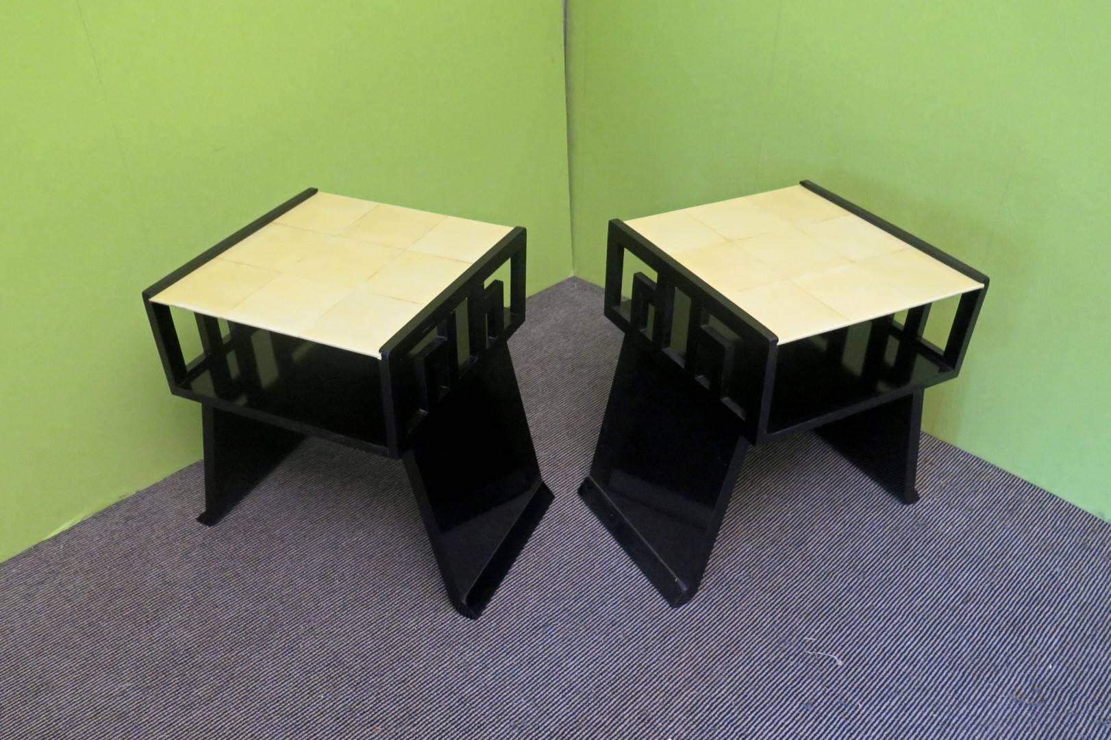 Art Deco  Couple of Side Tables of Black Lacquer and Parchment Top