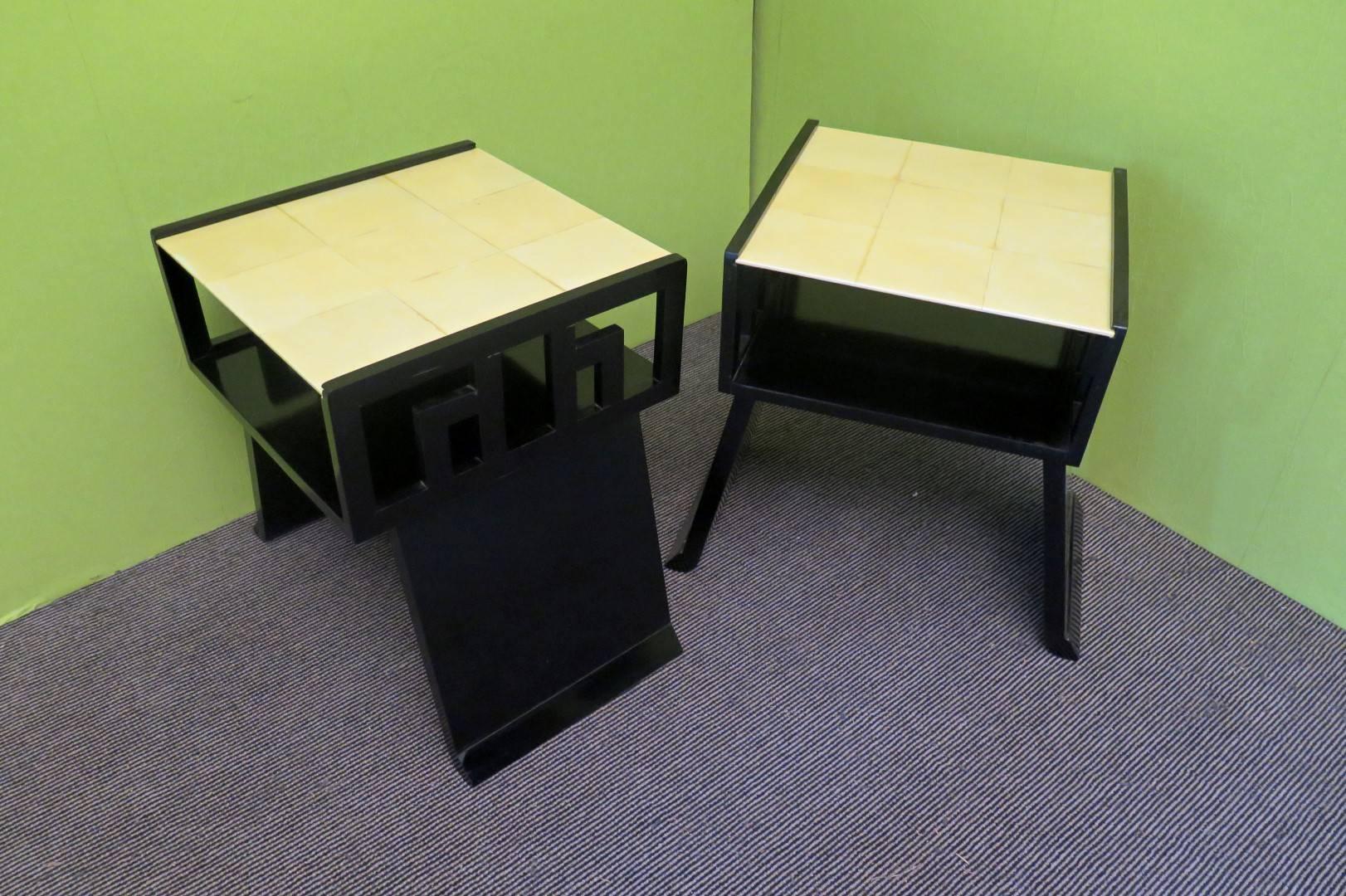 French  Couple of Side Tables of Black Lacquer and Parchment Top