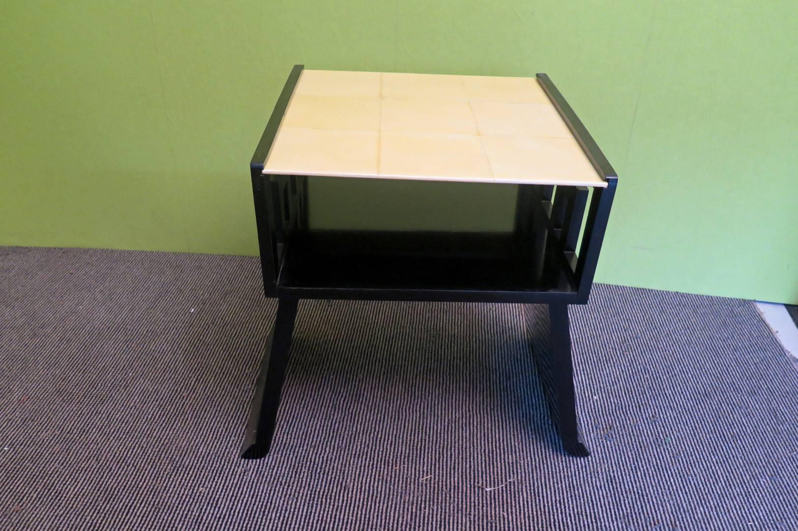  Couple of Side Tables of Black Lacquer and Parchment Top 2