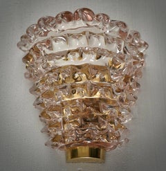 Murano Round Art Glass and Brass Light Pink Color Wall Light and Sconces, 2020