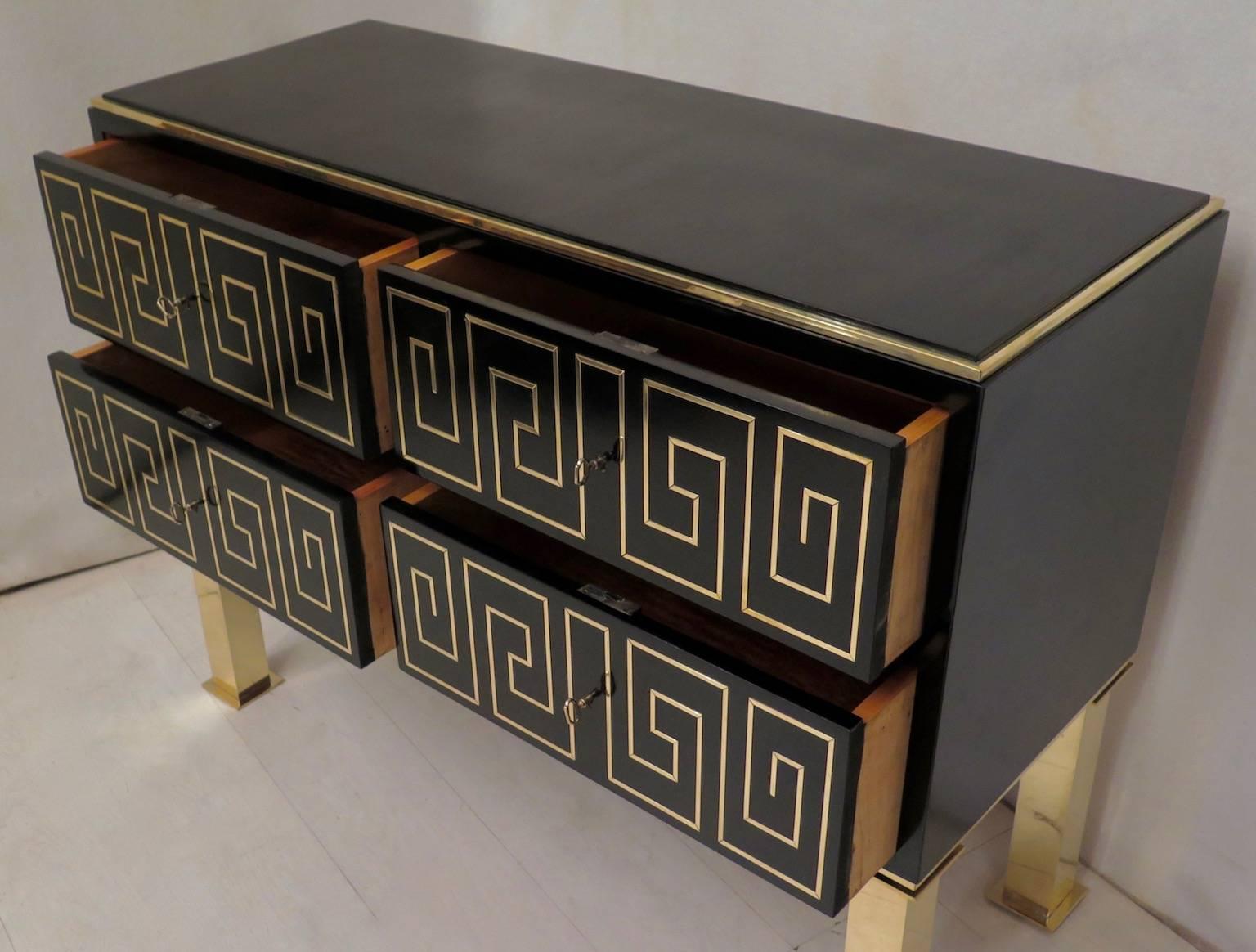 Mid-20th Century 1950 Black Lacquered and Brass Inlays Italian Midcentury Chest of Drawers