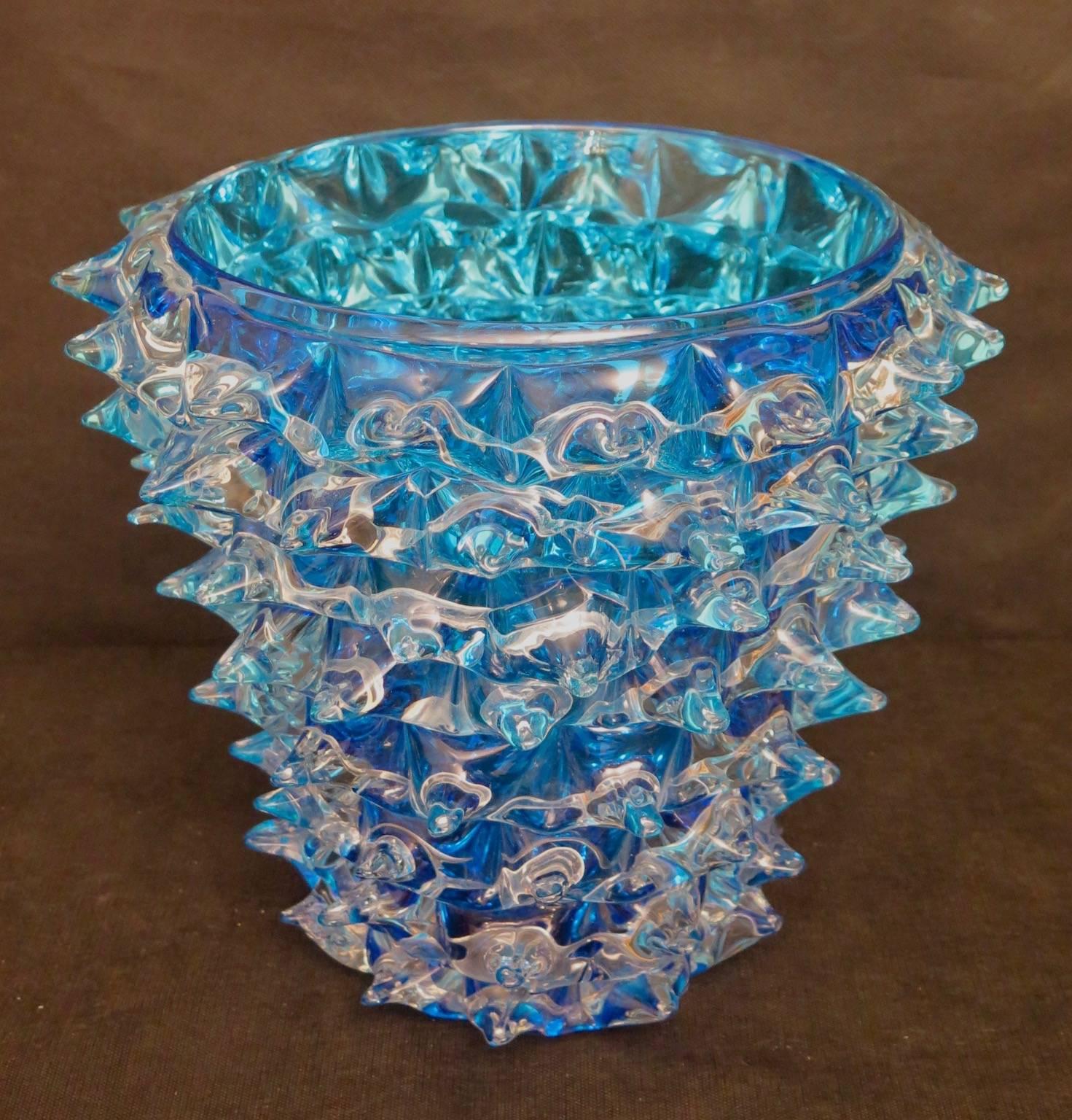 1980 Murano Water sea color. Murano vessel, with a special workmanship all around. Vase of round shape, with a particular manual processing called 