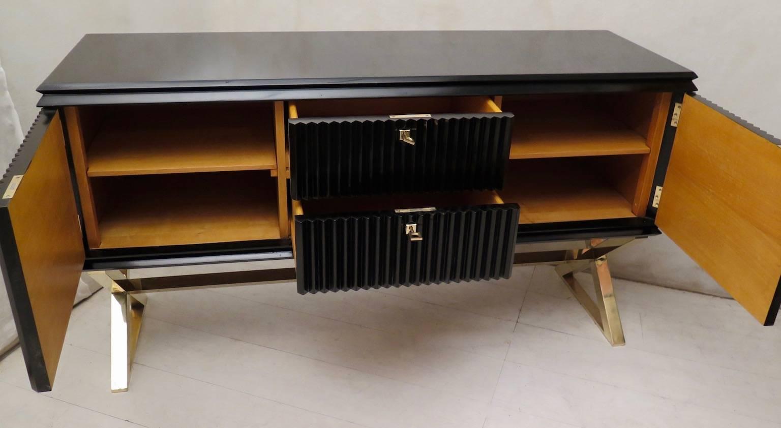 1950 Black Shellac and Brass Italian Midcentury Sideboard 1