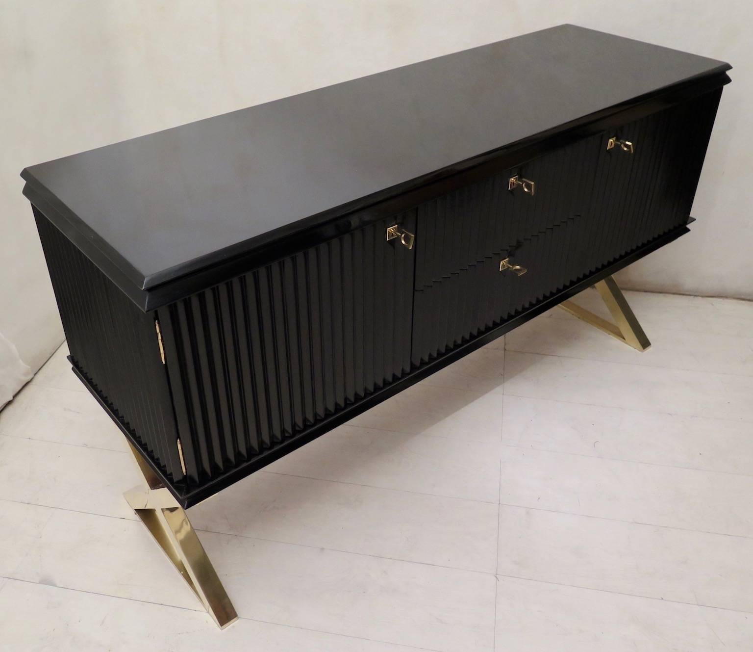 Mid-20th Century 1950 Black Shellac and Brass Italian Midcentury Sideboard