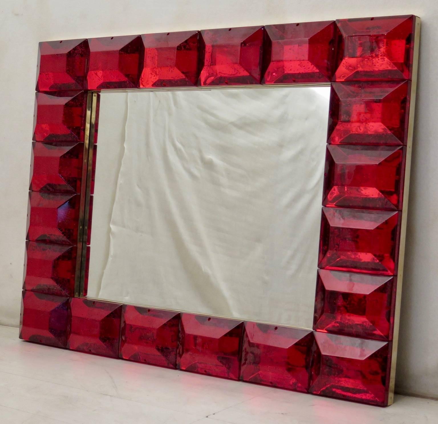 Contemporary Murano Red Art Glass Italian Modern Wall Mirror