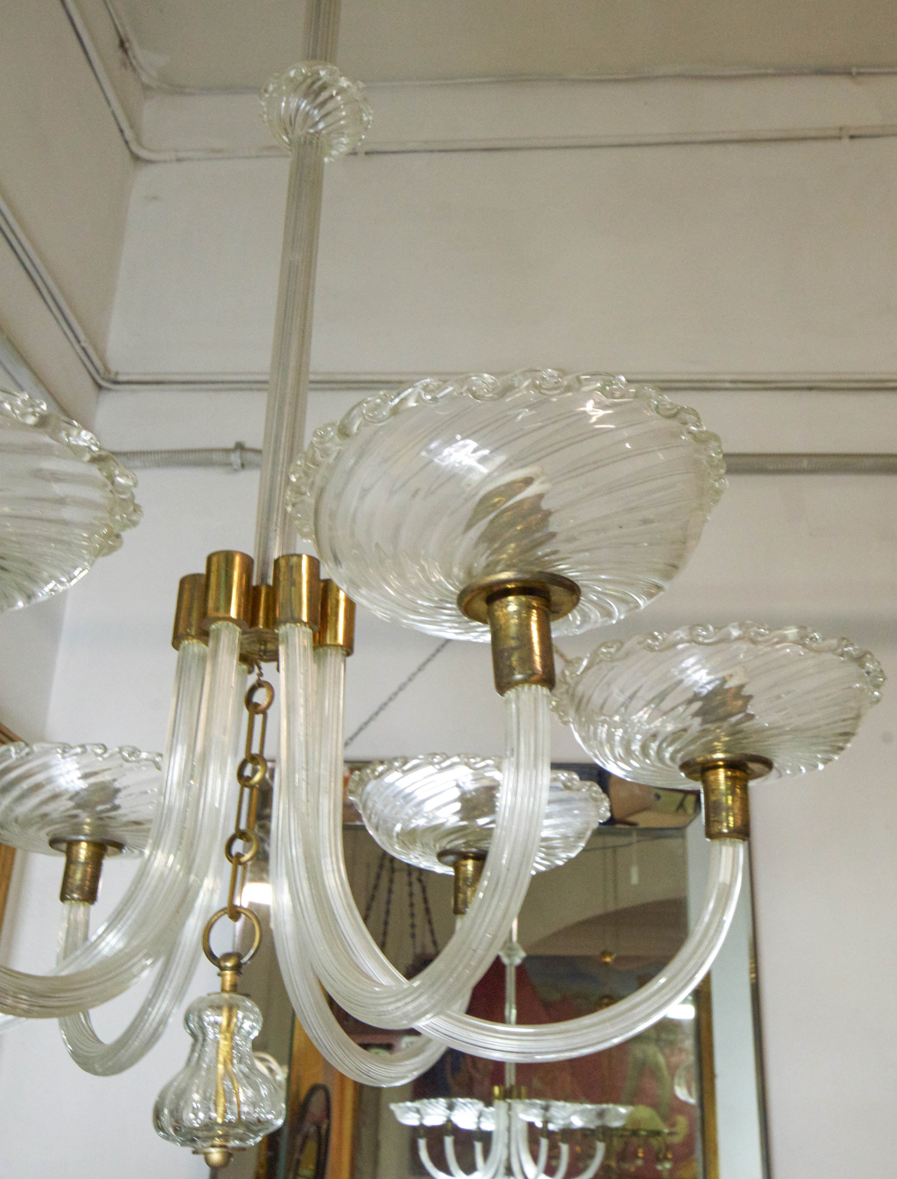 Mid-20th Century  1940s  six arms Murano Glass Chandelier by Barovier