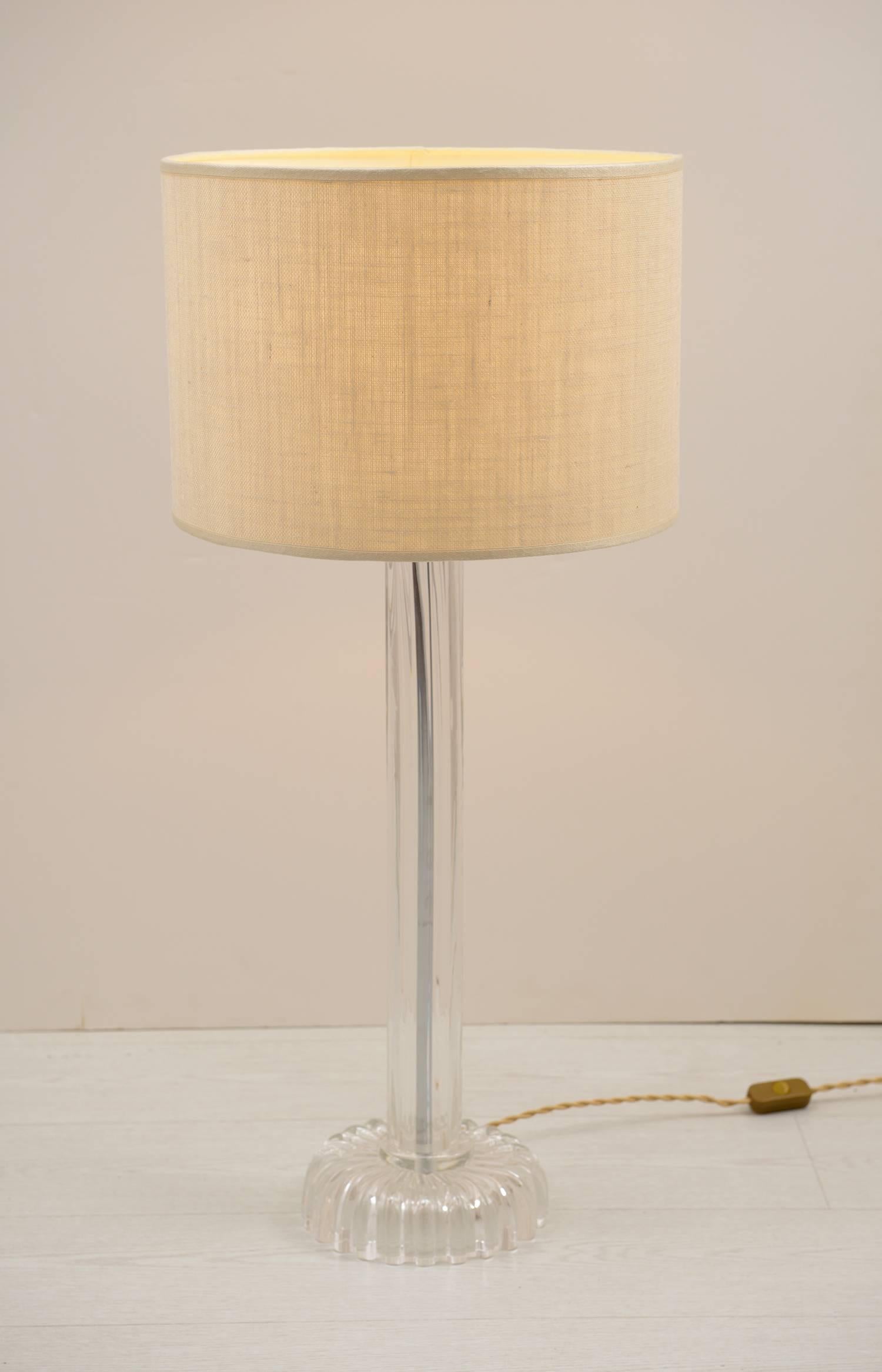 Elegant pair of table lamps on transparent blown ribbed glass.
The measures are with shade.
The shades are newly done.