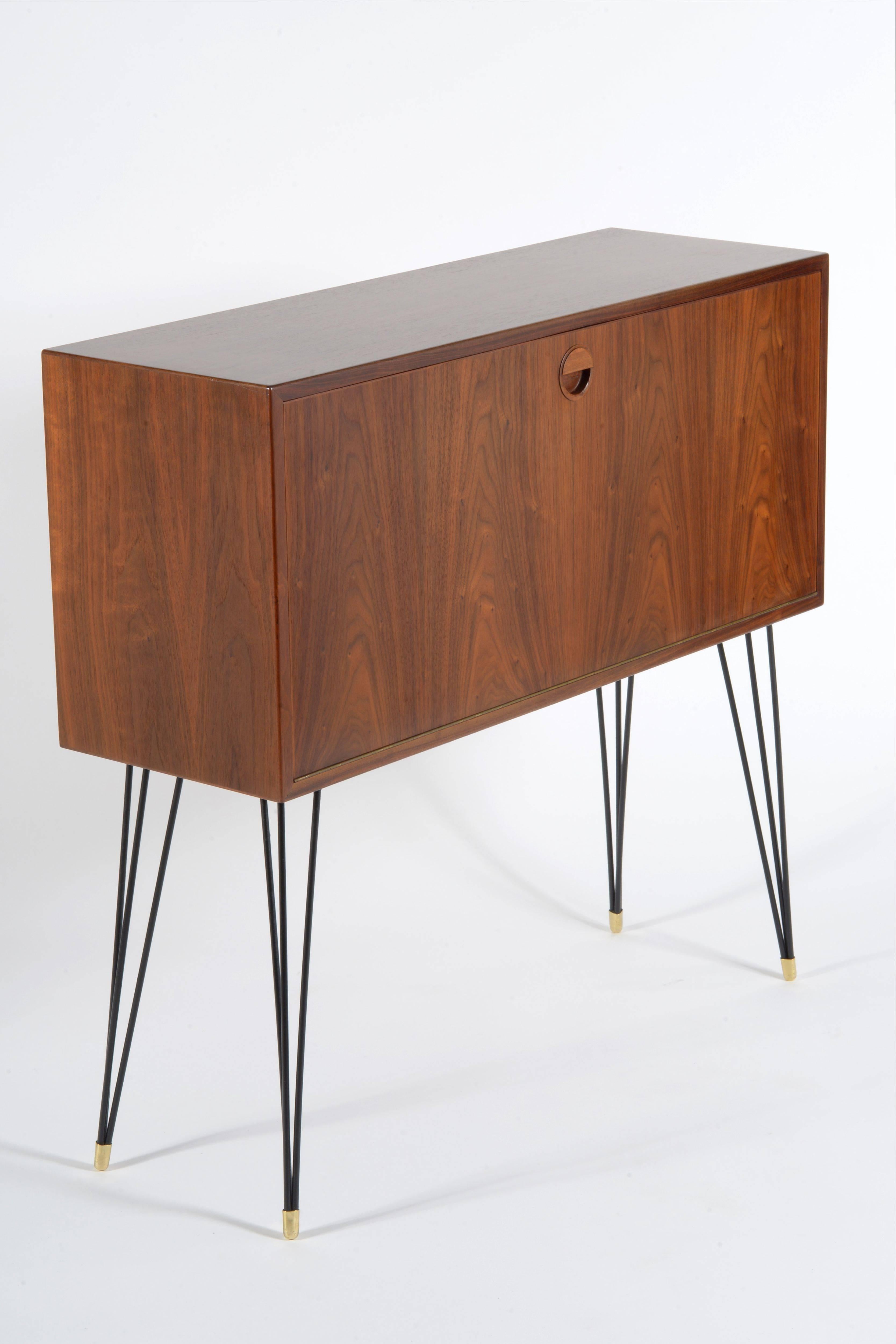 Mid-Century Modern One  Slender Teak Wood Cabinet with Metal Legs, Signed For Sale