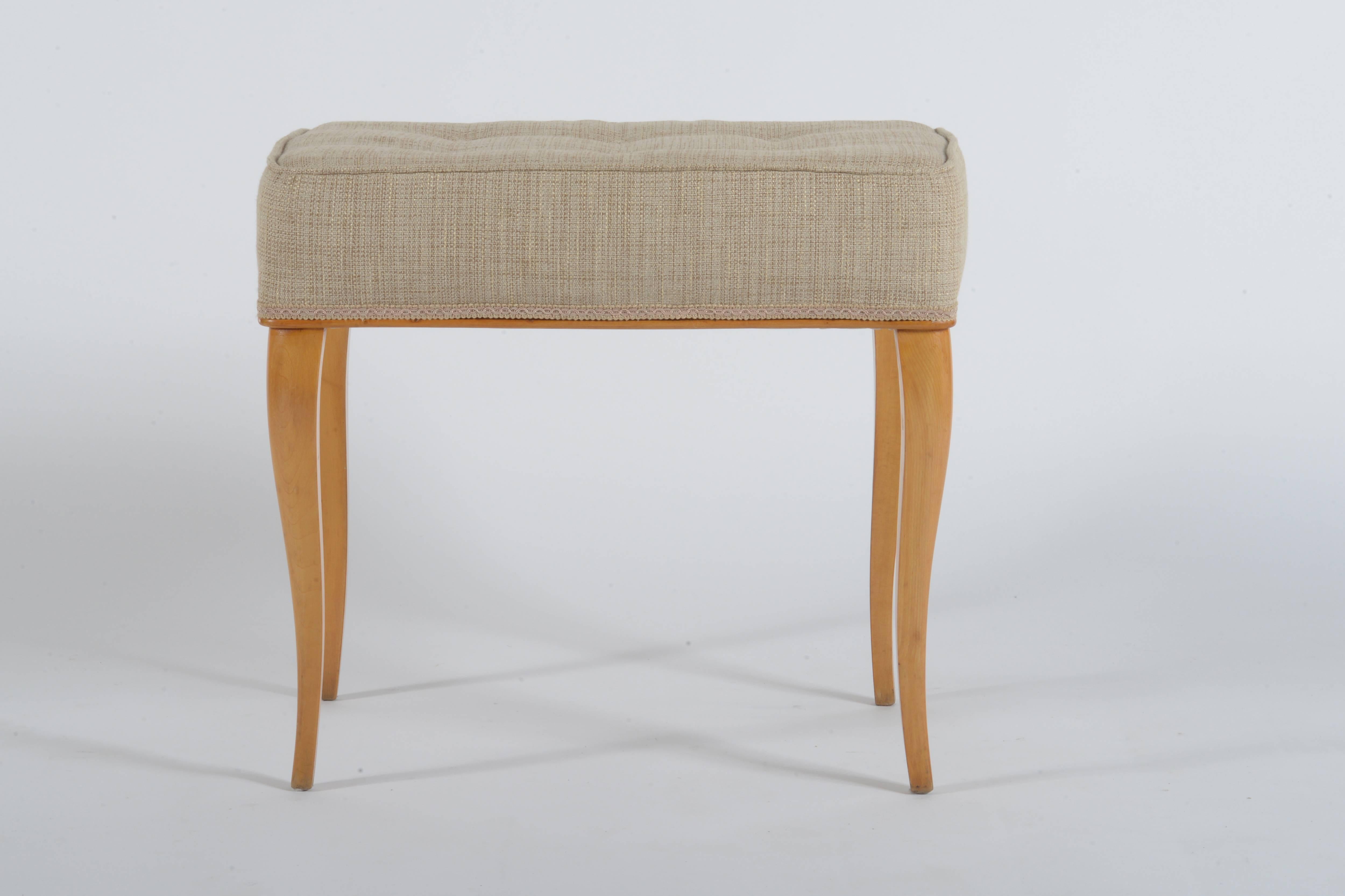 Solid maples curved leggs and structure, newly upholstered with beige cotton fabric.

 