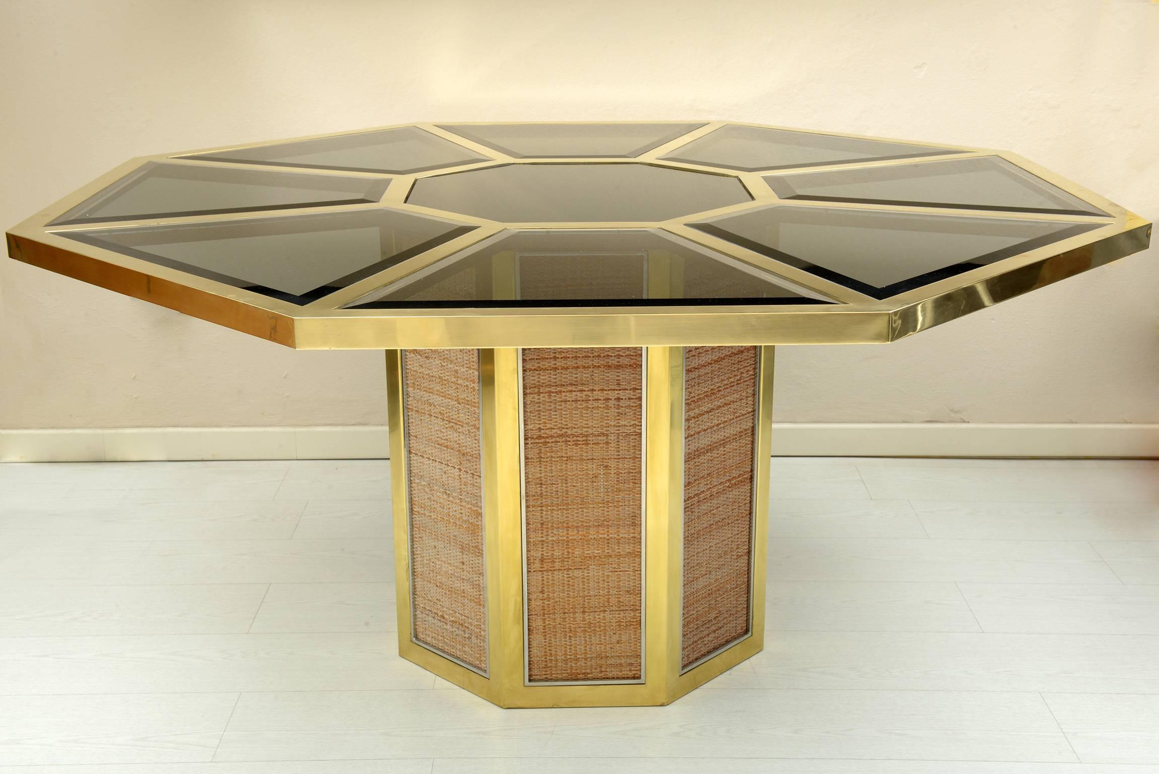 Mid-Century Modern Stunning Octagonal Table by Romeo Rega, Brass and Fumè Color Beveled Glass