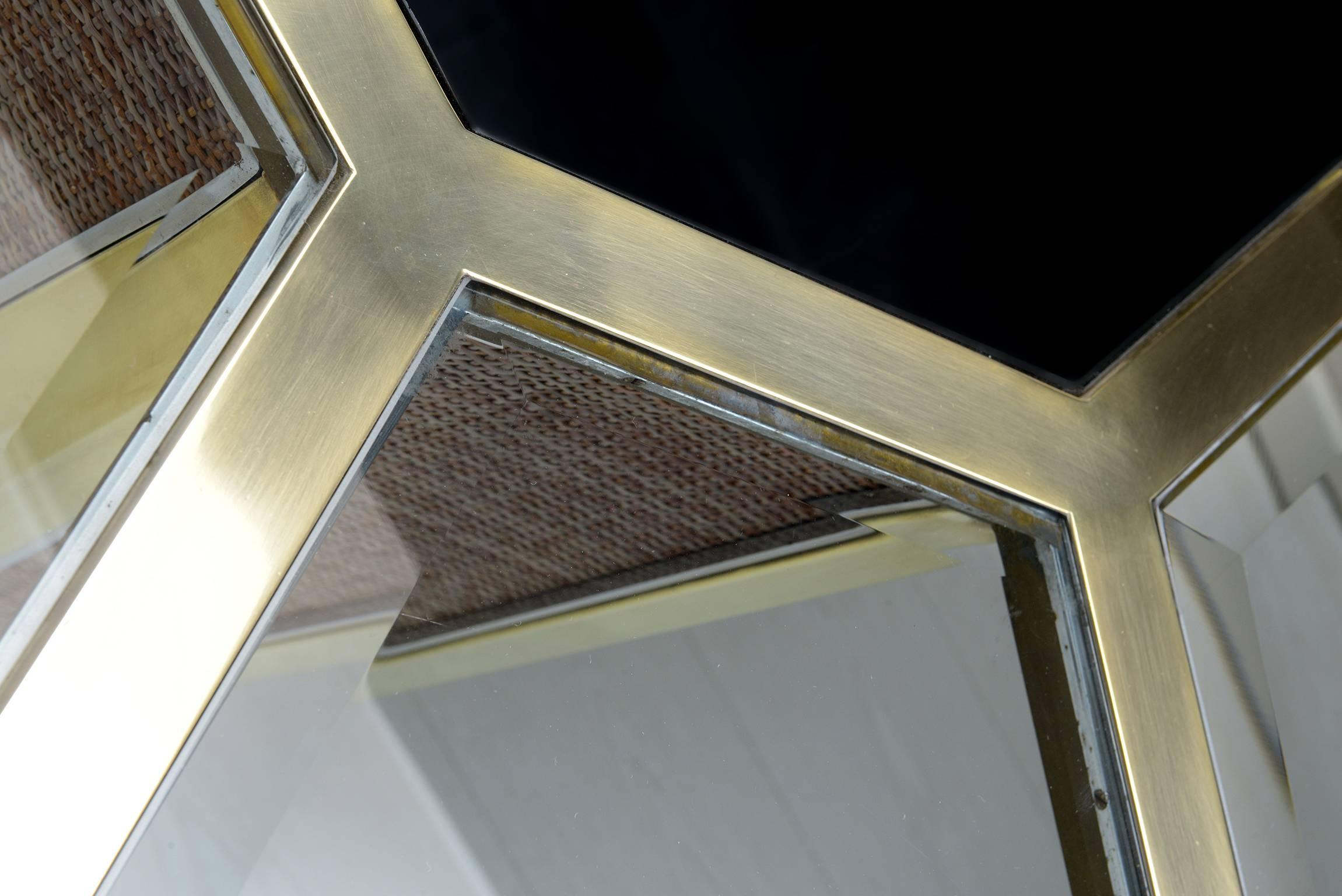 Italian Stunning Octagonal Table by Romeo Rega, Brass and Fumè Color Beveled Glass